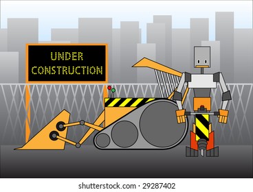 Vector illustration of "under construction" design, includes the worker and bulldozer