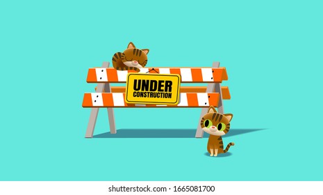 Imagen vectorial del cartel en construcción con un gato durmiendo en él y otro gato sentado cerca 