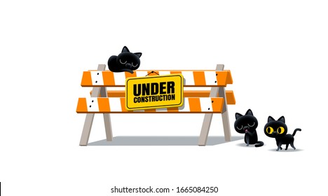 Vector illustration of under construction sign with cat sleeping on it and another cat sitting nearby 