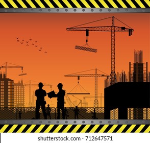 Vector Illustration Of Under Construction Worker Silhouette At Sunset