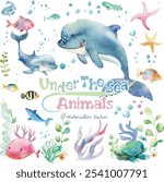 Vector illustration of under the Sea animals with animals, Various algae plants and bubbles.