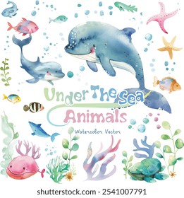 Ilustração vetorial de debaixo do mar animais com animais, Várias plantas de algas e bolhas.