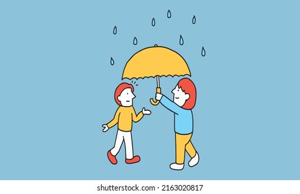 Vector illustration of under umbrella protection concept. Young woman holding yellow umbrella and helping her friend.