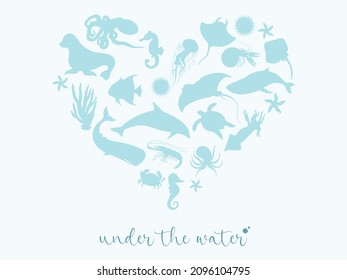 Ilustración vectorial. Bajo el agua de fondo azul con animales marinos y silueta de plantas. Criaturas del agua