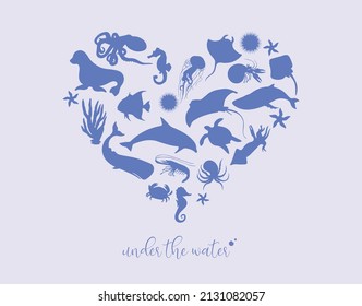 Vector illustration. Under the water on blue background with sea and ocean animals and plants. Water creatures