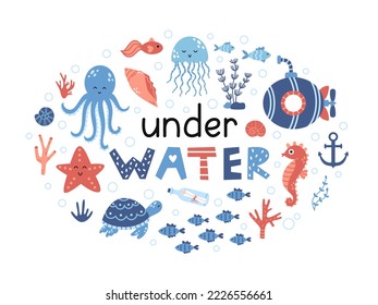 Ilustración vectorial de los habitantes del agua y del mar. Vida marina. Ilustración con frase para afiche, tarjeta de saludo, banner y volante. Diseño para bebé de diseño plano.