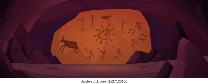 Ilustração vetorial de uma caverna medieval subterrânea com pinturas rupestres. Misterioso túnel de pedra subterrânea fantasia em estilo cartoon para design de jogos. Gruta ou caverna pré-histórica rochosa.