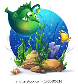 Vector illustration Undersea world with funny green fish. Marine Life Landscape - the ocean and the underwater world with different inhabitants. For design websites and mobile phones, printing.