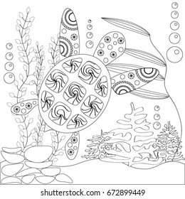 Vector illustration. Undersea world in white and black colors. Turtle, seaweed, corals.