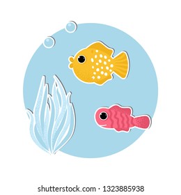 Vector Illustration. Underwater banner with fishes and corals in modern flat style. Ocean animal character. Isolated fish in blue circle with plants