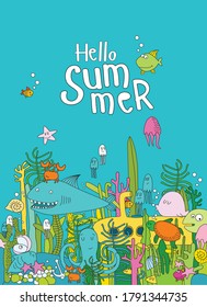 Vector illustration with a lot of underwater cartoon characters. " Hello summer". wimmelbuch. Cartoon underwater world. Cartoon marine animals. Poster, postcard, invitation.