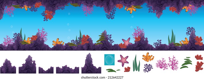 Vector illustration of underwater cave with corals