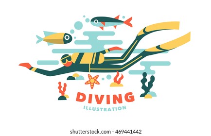 Vector illustration underwater diver surrounded fish
