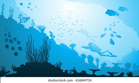 Vector illustration of Underwater diving and marine life 