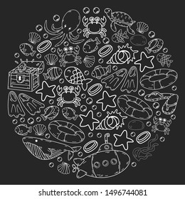 Vector illustration underwater. Doodles sea, ocean.