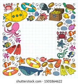 Vector illustration underwater. Doodles sea, ocean.