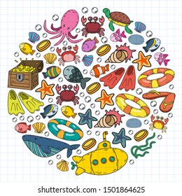 Vector illustration underwater. Doodles sea, ocean.