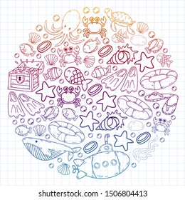 Vector illustration underwater. Doodles sea, ocean.
