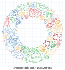 Vector illustration underwater. Doodles sea, ocean.