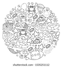 Vector illustration underwater. Doodles sea, ocean.