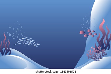 Vector illustration of underwater landscape with fish and rock
