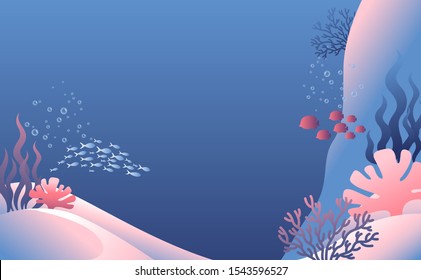 Vector illustration of underwater landscape with fish and rock