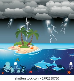 vector illustration with underwater landscape school of fish and the shadow of the fish on the blue sea background Life under the sea. underwater scenery