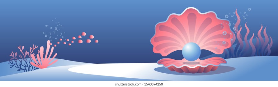 Vector illustration of underwater landscape with shell, pearl and fish