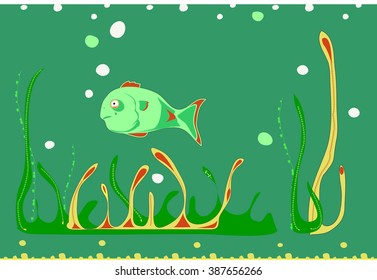Vector illustration "Underwater life":a fish swimming among the sea plants.Can be used as a seamless horizontal pattern.