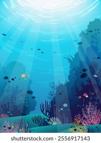 Vector illustration with underwater nature. Seascape with colorful coral reef and school of fish on a blue ocean background. Flora and fauna of sea.