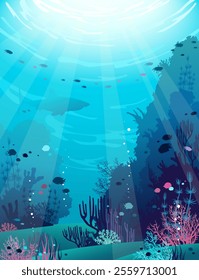 Vector illustration with underwater nature. Seascape with colorful coral reef, shark and school of fish on a blue ocean background. Flora and fauna of the sea.