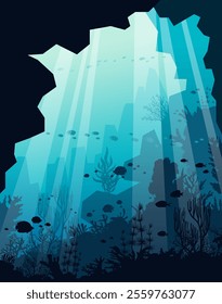 Vector illustration with underwater nature. Seascape with silhouette of coral reef, cave and school of fish on a blue ocean background. Flora and fauna of the sea.