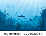 Vector illustration of underwater ocean fauna with coral reef, seaweed, algae, mantas, plants, fishes. Silhouette ocean bottom. Marine underwater life. Sea, seascape, seafloor, undersea background.