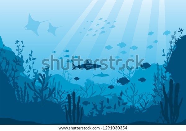 Vector illustration of underwater ocean fauna\
with coral reef, seaweed, algae, mantas, plants, fishes. Silhouette\
ocean bottom. Marine underwater life. Sea, seascape, seafloor,\
undersea background.