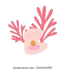 Vector illustration of underwater pearl marine, cartoon pearl shells. Underwater pearls in shell, open scallop with luxury sphere, oysters clam seashell marine jewel shellfish sea decoration