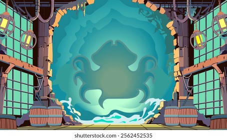 Vector illustration of an underwater scene featuring a dramatic crab silhouette visible through a broken wall The setting includes an abandoned warehouse with wooden barrelshanging lanterns and metal 