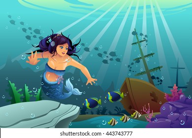 A vector illustration of underwater scene with mermaid and sunk ship