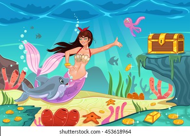 A vector illustration of underwater scene with mermaid and treasure box