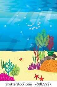 Vector illustration of underwater scene showing reef and coral bed