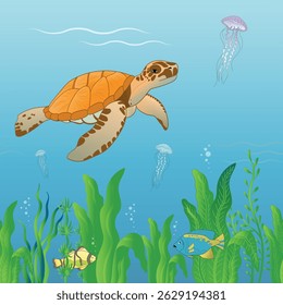 Vector illustration of underwater scene. Thick green algae, bright tropical fish swim among the plants. Large sea turtle glides gracefully, and jellyfish swim in the background