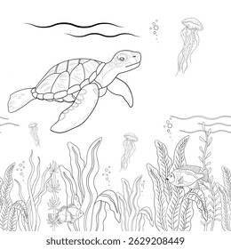 Vector illustration of underwater scene. Thick green algae, bright tropical fish swim among the plants. Sea turtle swims gracefully, and jellyfish swim in the background. For coloring book