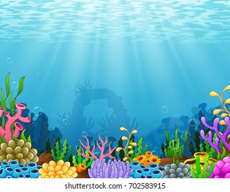 Vector illustration of Underwater scene with tropical coral reef