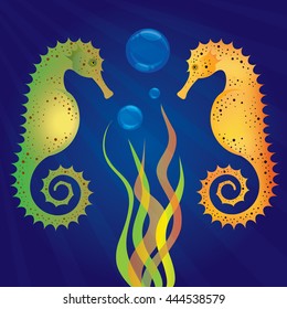 Vector illustration of underwater scene, with two seahorses on a dark blue background 