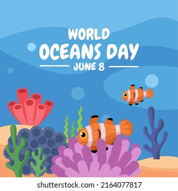 Vector illustration, underwater scenery with corals and fish, as banner or poster for world ocean day.
