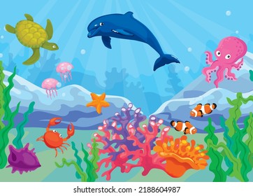 Vector illustration underwater sea world with dolphin, turtle and fish