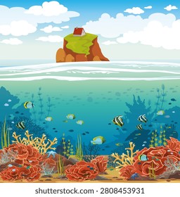 Vector illustration with underwater seascape and lonely island with house. Nature image with wildlife -  coral reef and fishes. 