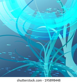 A vector illustration of underwater seascape with school of fishes