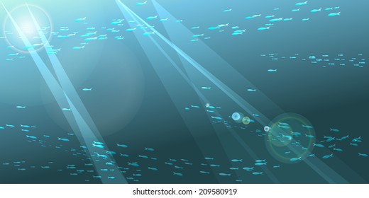 A vector illustration of underwater seascape with school of fishes and sunbeams