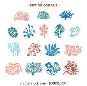 Vector illustration with underwater set - cartoon corals and seaweeds on a white background.