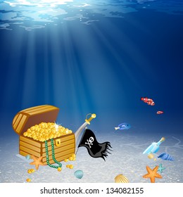 Vector Illustration of an Underwater Treasure Chest and Pirate Elements